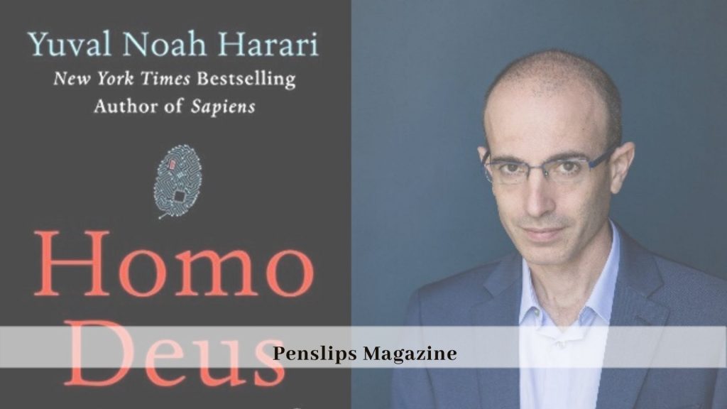 cover of Homo Deus on left, photo of author Yuval Noah Harari on right