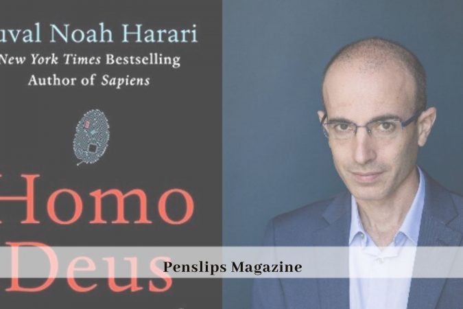 cover of Homo Deus on left, photo of author Yuval Noah Harari on right